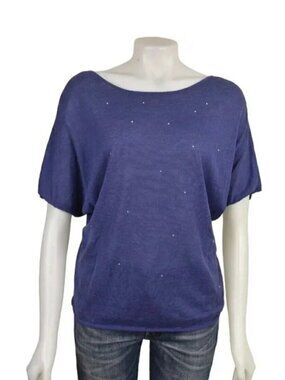 Des  Petits Hauts Linen Purple V Back Bat Wing Embellished Sweater